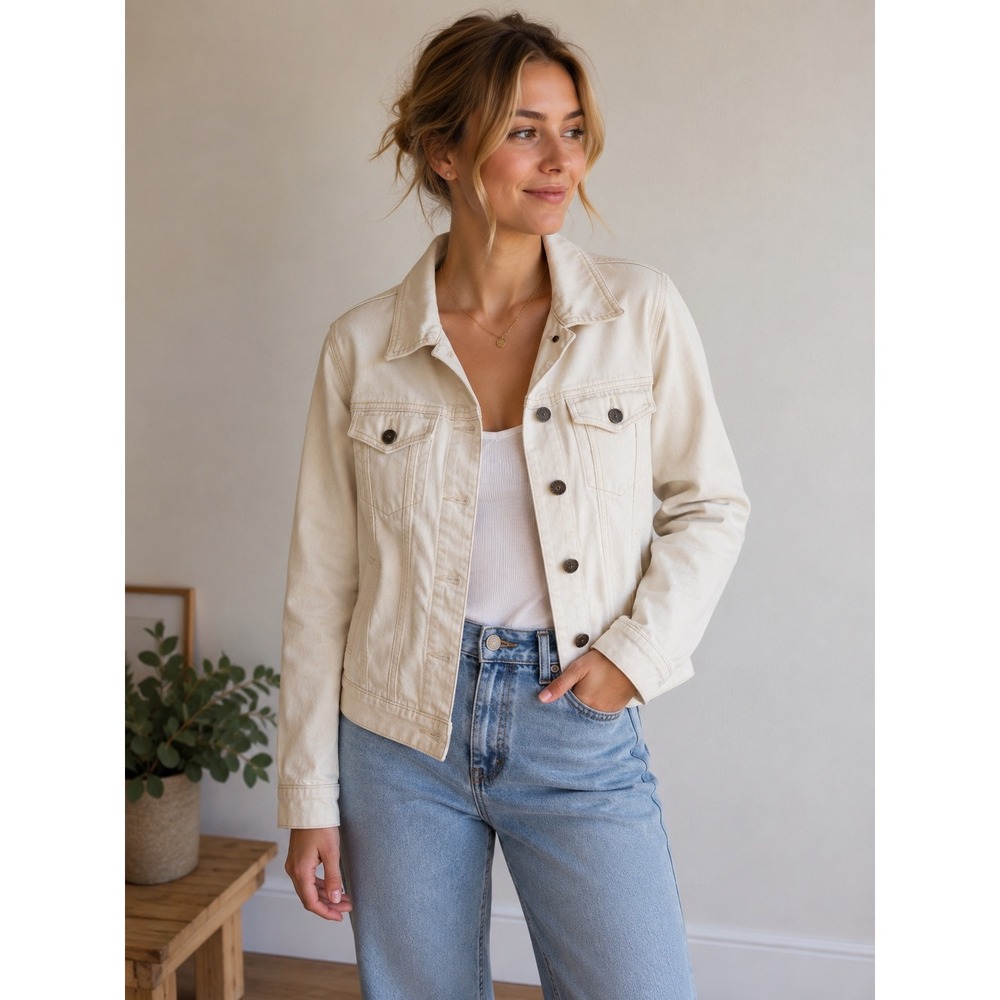 Old Navy Womens Denim Jacket Cream Off White Button Front Trucker Jacket M